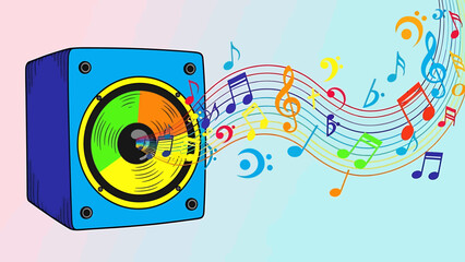A vibrant illustration featuring a square speaker emitting colorful musical notes and sound waves, symbolizing music and sound