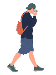 Man with backpack walking and talking on the phone on the go. Wear shorts, cap. Vector illustration isolated on white background.