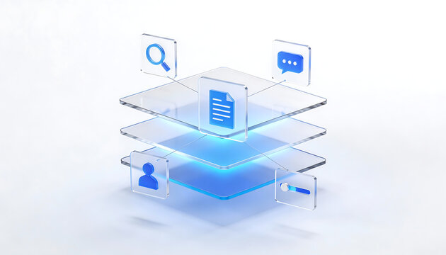 3d glass data layers and information management concept with glowing blue icons for document file search magnifying glass user profile chat message and interface setting toggle
