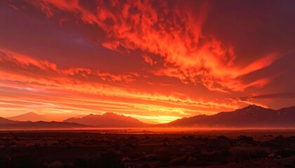 Stunning vista of an orange and red painted sky above silhouetted mountain range and open expanse. Landscape scene