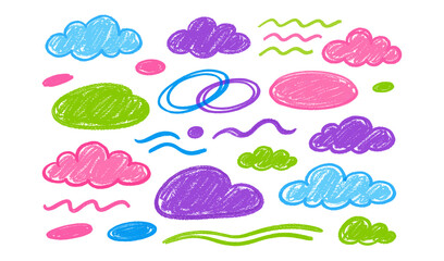 Obraz premium Collection of colorful crayon-drawn clouds and wavy lines on a white background