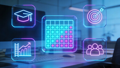 digital holographic business management and growth strategy concept in modern office with neon icons of graduation cap target financial chart and people group for professional training