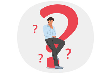 Man looking for answer to question and is considering options for solving problems that have arisen. Question marks around guy in need of help due to troubles caused by financial crisis