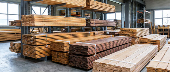 Rear-fabricated wood stacked and packaged in a finished goods warehouse. Production and delivery of boards and building materials from a wood processing factory warehouse