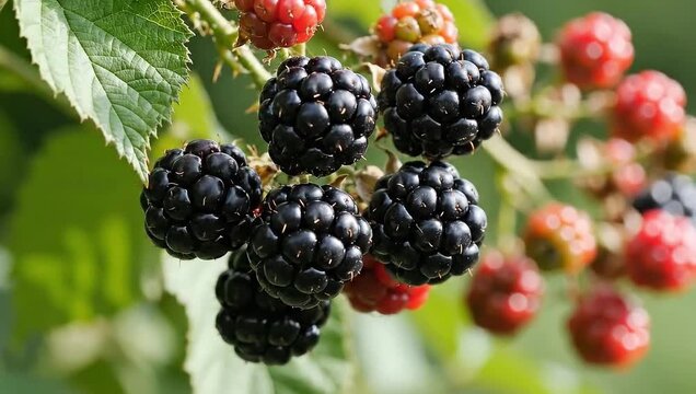 A closeup macro of fresh organic blackberries and a green leaf on a bramble bush reveals ripe juicy fruit for a healthy summer dessert