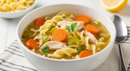 Hearty bowl of chicken noodle soup with vegetables and herbs