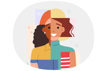 Multiracial woman made up of photographs of girls from different cultures and nationalities. Portrait of multiracial lady symbolizing unity of various races and freedom from discrimination