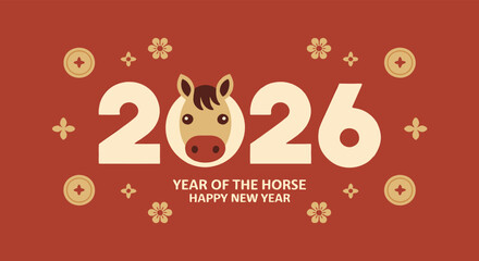 Chinese New Year 2026 Year of the Horse Flat Vector Illustration Banner
