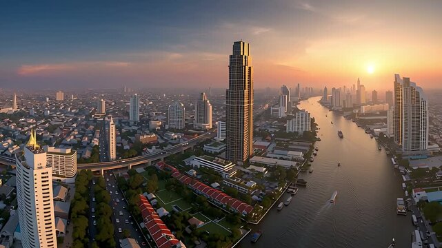 夕暮れの都市を流れる大河と高層ビル群の空撮パノラマ