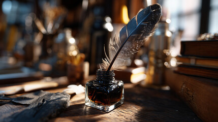 inkwell. A vintage desk featuring a feather quill and inkwell, illuminated by warm side lighting. real-estate listings.