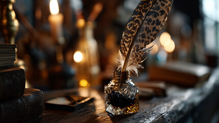 inkwell. A vintage desk featuring a feather quill and inkwell, illuminated by warm side lighting. real-estate listings.