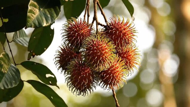 A closeup of a ripe red and yellow rambutan fruit hanging from a tropical tree in a lush Thailand garden, looking fresh, sweet, and delicious for a healthy nature diet
