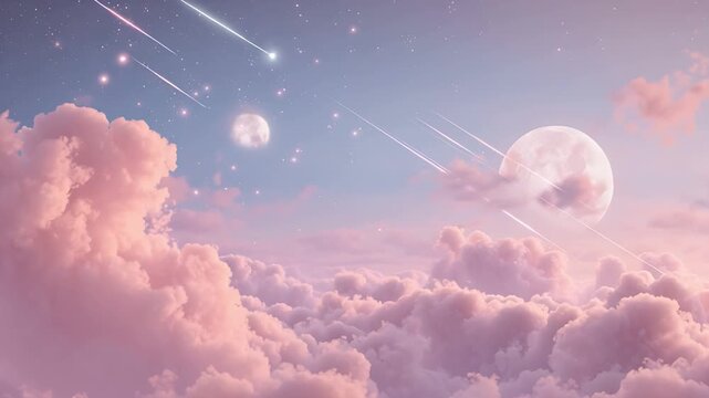 巨大な月と流星が交差するピンクの幻想的な雲海