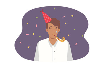 Upset man celebrates birthday alone and cries because of lack friends standing among falling candy. Sad birthday party for guy experiencing stress and depression after feeling old age is approaching