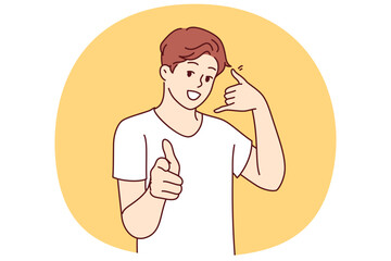 Man makes call me gesture and points finger at screen inviting you to dial support or sales agent. Guy says call me wants to get to know girl and offers to exchange contacts for further communication