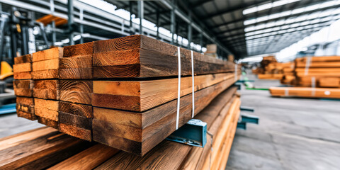 Packaged boards of fine wood species in the finished goods warehouse of a wood manufacturing plant, packaged and ready for shipment