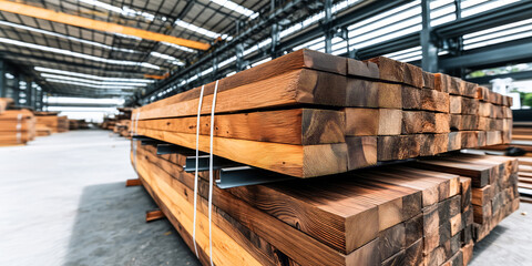 horizontal poster hangs in a wood processing company's warehouse, displaying sorted and packaged lumber ready for transport and delivery to a customer