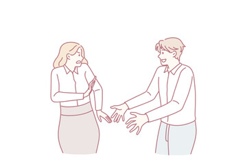 Personal distance and boundaries concept. Smiling positive man worker standing trying to touch female colleague with stressed face and pushing him hands vector illustration