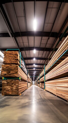 vertical poster featuring an industrial lumber storage system with open multi-level shelving systems, a concept for a wood manufacturing and construction wood storage facility