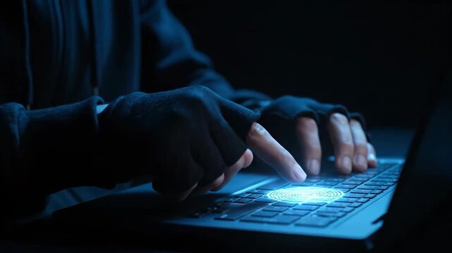 Hands typing on a laptop with a glowing blue digital fingerprint.