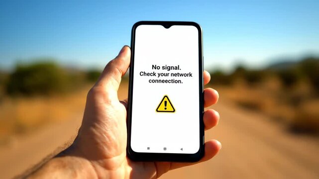 A hand holds a smartphone displaying a no signal error message in an outdoor, natural setting.
