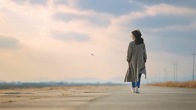 広大な平野を一人で進む日本人女性のエモーショナルな後ろ姿