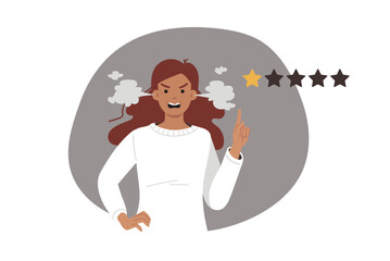 Negative feedback and bad review from angry woman who gave one star after poor service. Irritated buyer or user gets nervous and leaves feedback that spoils company rating on internet