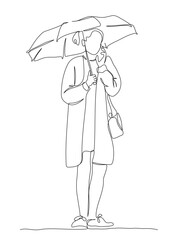 Woman with umbrella talking on phone on rainy weather day. Continuous line drawing. Vector illustration in line art style. Editable stroke.