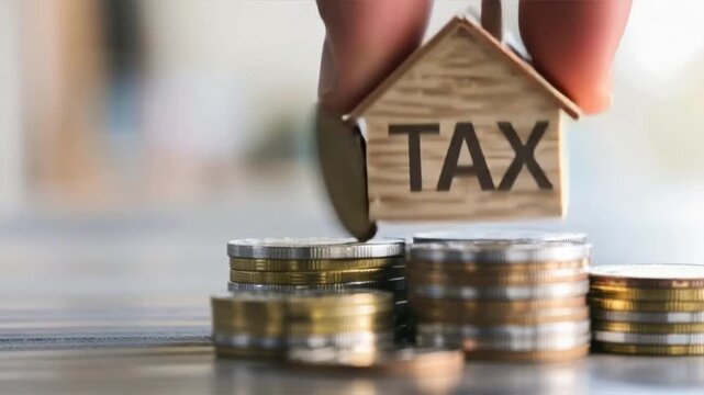 A wooden house model labeled 'TAX' with stacked coins, symbolizing property taxes and financial concepts.
