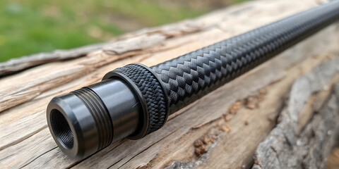 High-performance carbon fiber wrapped rifle barrel showcasing intricate weave and precision engineering