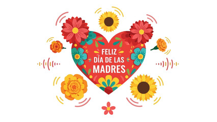 Feliz Dia De Las Madres Heart with Flowers and Sunflowers