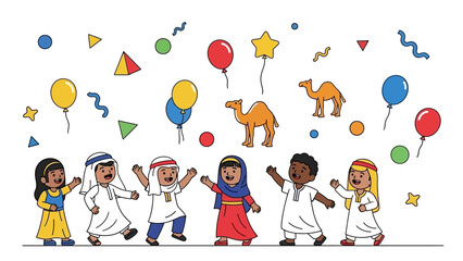 Diverse Children Celebrating Together with Camels and Balloons