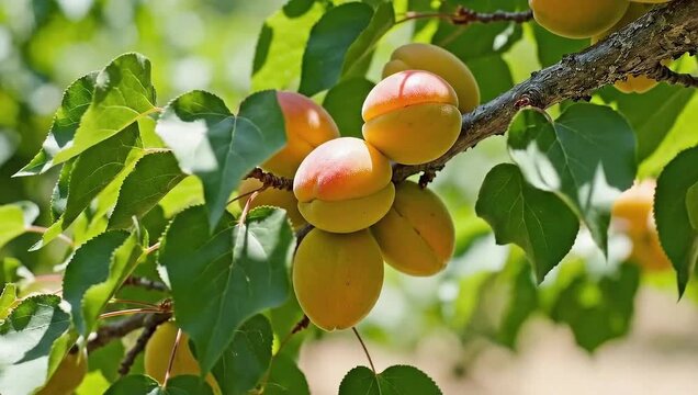 Fresh red apples and juicy ripe apricots hang from branches amidst green leaves in a sunny orchard garden, showcasing a healthy summer harvest of organic farm fruits