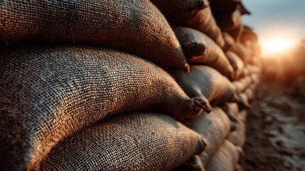 Obraz premium Side angle view of neatly stacked sandbag wall showing coarse fabric texture with warm sunlight hitting the side for flood defense barrier.