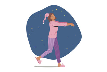 Woman suffering from sleepwalking walks with arms extended forward, being in unconscious state. Girl with sleepwalking is hoping for treatment for somnambulism to avoid possible tragedy