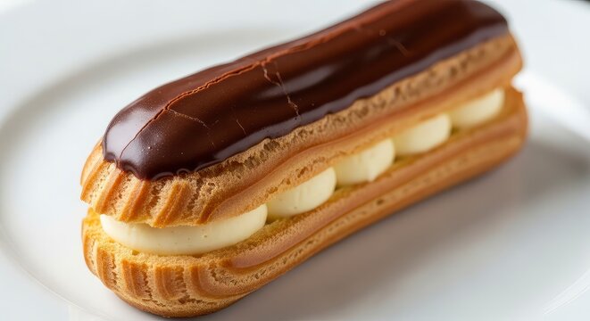 Delicious eclair with chocolate glaze and creamy filling on plate