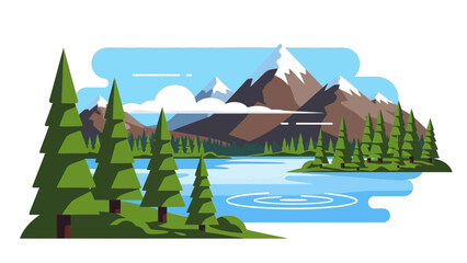 Flat Design Mountain Landscape with Lake and Pine Trees