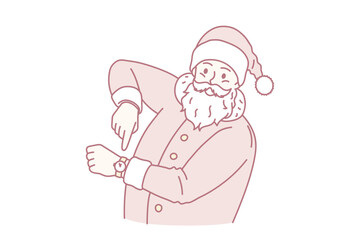 Christmas and New year holidays concept. Smiling Santa Claus in traditional red costume and cap standing and pointing in hand watch meaning new year coming vector illustration