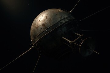 Aged spherical space probe drifting in darkness, showing worn metal panels, antennas, and early satellite engineering

