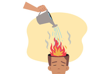 Treatment of burnout and psychological problems, for man with burning brain, using watering can with water. Problem of mental burnout causing stress and depression due to poor emotional health