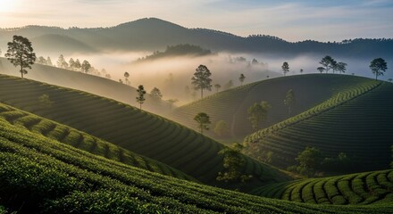 Obraz premium Serene Tea Plantation Hills at Sunrise with Mist, Green Terraces, and Distant Mountains.