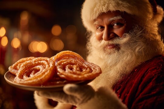 Man dressed as Santa Claus holding swirl of jalebi with friendly smile. Concept of festive celebration, sharing fried sweet spiral Indian traditional treats with joy.
