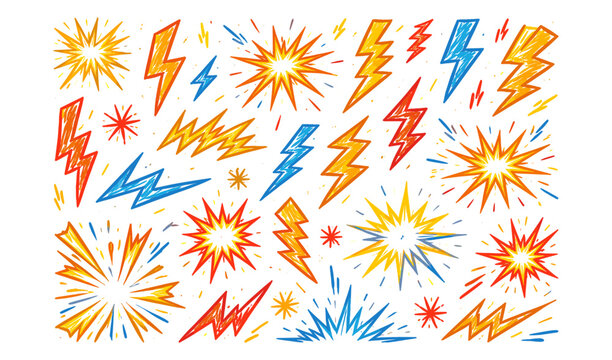 Collection of hand-drawn lightning bolts and starbursts in vibrant colors