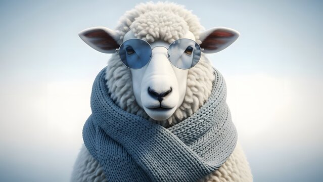 A sheep wearing sunglasses and a scarf on a white background