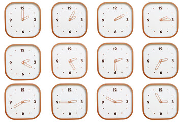 Minimalist grid of twelve square clocks showing 02:00 to 02:55 or 14:00 to 14:55 isolated on white background.