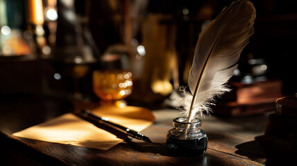 inkwell. A vintage desk featuring a feather quill and inkwell, illuminated by warm side lighting. real-estate listings.