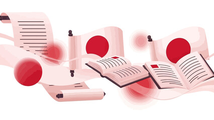 Japan Culture Education Concept: Scrolls, Books, Flags