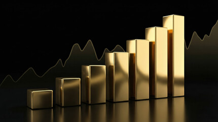 A golden metallic bar chart with ascending glossy columns reflecting light against a black background suggesting growth and luxury
