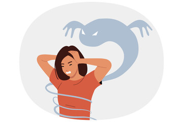 Panic attack in woman due to mental health problems and hallucinations in form of monsters. Girl experiences panic attack and clutches head, needing treatment from psychotherapist or psychologist