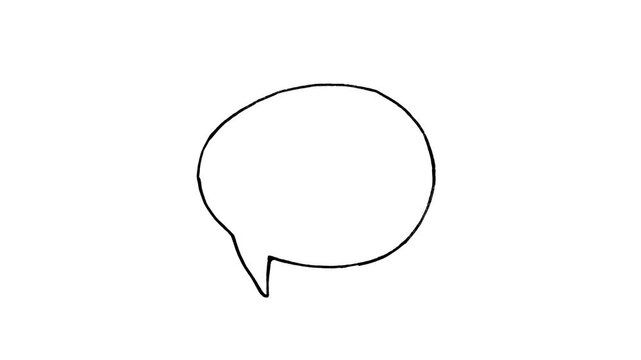 Hand-drawn circular speech bubble animation on white background, minimalist black outline talk cloud for comic style dialogue, social media captions, creative vlogs.
